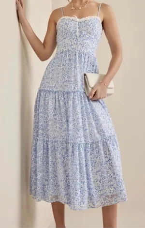 Trixxi Blue White Ditsy Floral Large Tiered Spaghetti Strap Dress Cottagecore thumbnail 1