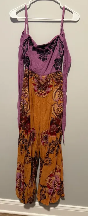 Free People Boho Floral Jumpsuit Purple Orange Small thumbnail 1