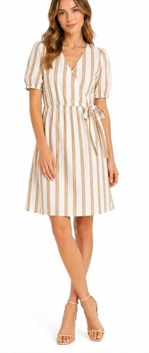 Ann Taylor Striped Wrap Dress Puff Sleeves Tan White Size XXL thumbnail 1