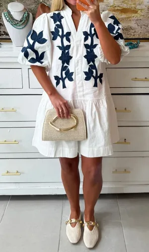 Women's Embroidered Dress | White & Blue | NWT thumbnail 1