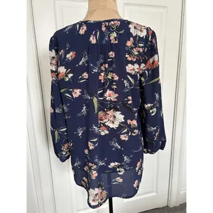 Fun2Fun Navy Blue Floral Boho Kenmore Split Neck Stretch Blouse Size S thumbnail 4
