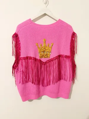 NWT Queen of Sparkles Let's Go Queen Pink Fringe Knit Top Size Large L * thumbnail 6