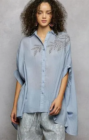 POL Button Down Embroidered‎ Floral High-Low Hem Shirt thumbnail 1