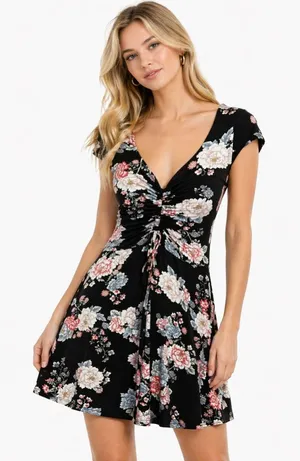 Love Fire Floral Ruched Mini Dress Black Pink Stretch Fit Flirty Date Night thumbnail 1