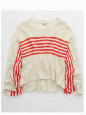 Aerie Women's Size XS Striped Pullover Sweater‎ Cream Red Stripes FLAWED thumbnail 2