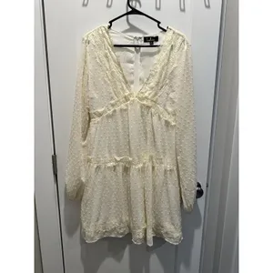 Lulus M Wistful Moment Ivory Swiss Dot Long Sleeve Dress Boho Bridal Shower Chic thumbnail 3