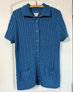 Vintage LL Bean Cable Knit Cardigan Women’s XL Blue Teal Short Sleeve Button Y2K thumbnail 1