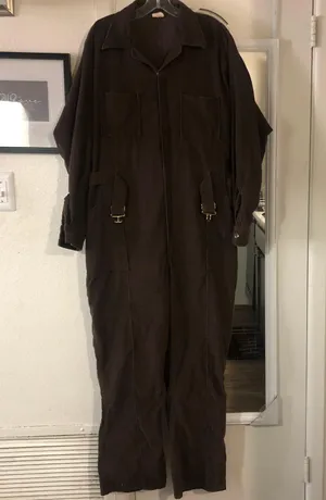 Vintage 80s/90s chocolate Brown corduroy wide leg long sleeve utility jumpsuit with cinched waist thumbnail 2