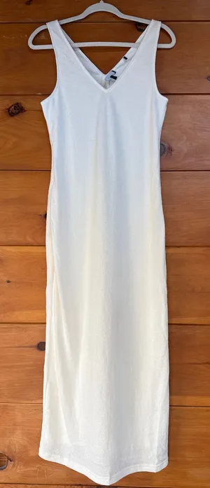 Lulus White Knit Sleeveless V-Neck Midi Bodycon Dress Neutral Fitted Wmns Size L thumbnail 1