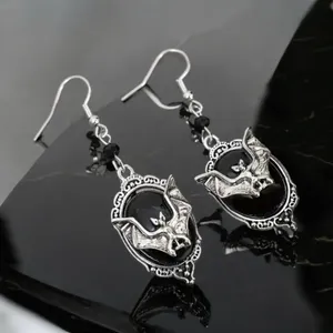 Gothic Bat Cameo Vintage Style Synthetic Black Silver-Plated Alloy Drop Earrings thumbnail 6