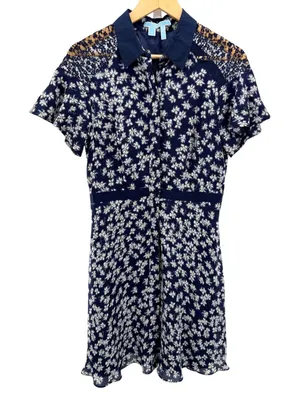 Draper James‎ Cloister Navy Floral Shirt Dress 100% Silk Size 8 Pockets Lined thumbnail 1