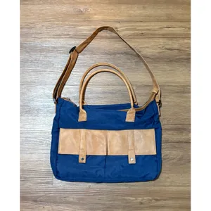 Navy Blue Canvas Tote Bag Tan Faux Leather Trim Crossbody Laptop Travel Satchel thumbnail 2