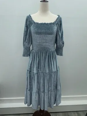 Baltic Born Slate Blue Velvet Smocked Tiered Puff Sleeve Midi Dress Size M thumbnail 3