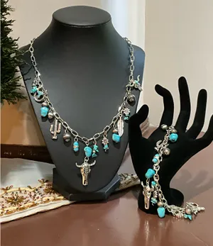 Southwestern turquoise and silver necklace and bracelet set thumbnail 2