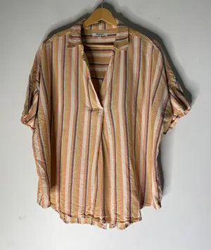 Madewell Womens Large Striped Short Sleeve Button Back Cotton Blouse Orange thumbnail 1