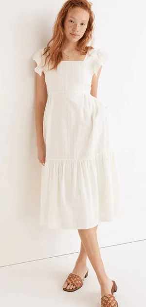 [Madewell] Cream Ruffle Strap Textural Striped Tiered Midi Dress Cutout Back 2X thumbnail 1