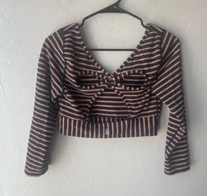 FP Movement Black & Tan Striped Bow Cut Out Long Sleeve Workout Crop Top thumbnail 2
