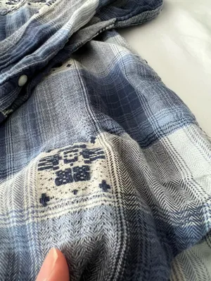 American Eagle Blue And White Boyfriend Fit Flannel With Crochet Detail thumbnail 5