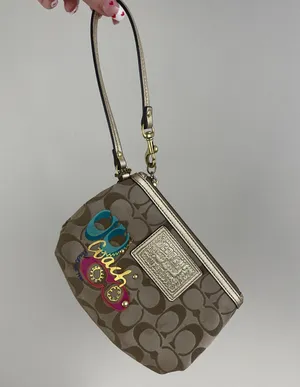 Coach Brown Logo Vibrant Graphic Studded Mini Wristlet Wallet Purse thumbnail 2