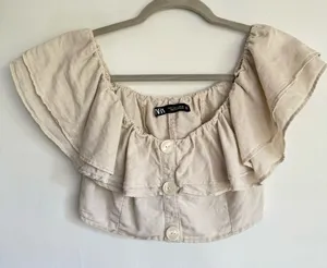Zara‎ Women Linen Blend Beige Cropped Ruffle Cottagecore Boho Peasant Top Size S thumbnail 1