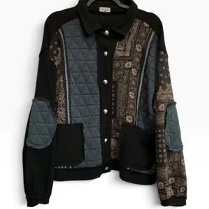 POL Black Bandana Patchwork Waffle Knit Quilted Jacket GKJ37 Womens Medium thumbnail 1