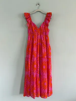 NWT J.Marie Mara Ruffle Sleeve Sunshine‎ Print Pink Boho Tie Back Midi Dress thumbnail 4