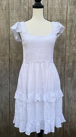 LEANI White Ruffle Smocked Babydoll Lined Tiered Mini Dress Size L thumbnail 1