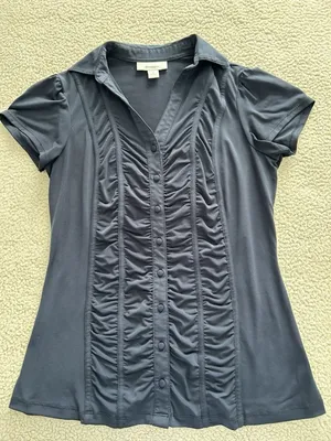 DressBarn Collared Short Sleeve Ruched Button Down Top Blue Size S thumbnail 4