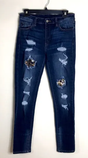 KanCan ladies distressed dark wash denim jeans with leopard patches on areas‎ 29 thumbnail 1