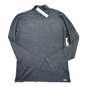 T Tahari Womens Mock Neck Sweater Top Size S Dark Grey Soft Knit Metallic Logo thumbnail 1