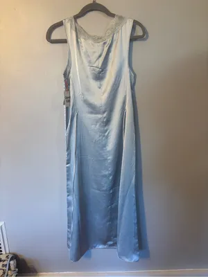 Open Edit Lace Trim Satin Slip Dress in Light Blue thumbnail 5