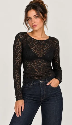 Liz Wear Y2K Black Lace Sheer Floral Long Sleeve Top L Y2K Goth Dark Romantic thumbnail 1