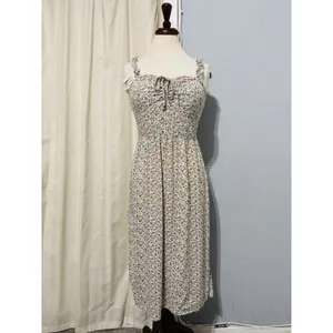 AUW L Green Floral Smocked Tie-Front Ruffle Strap Slit Midi‎ Dress Padded Bra thumbnail 3