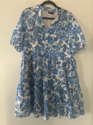 1.State Blue White Floral Puff Sleeve Mini Dress Large Cottagecore Prairie thumbnail 1