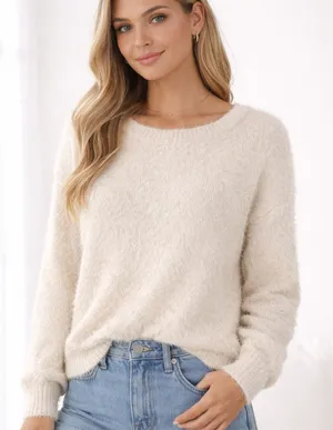 Addie Fuzzy Eyelash Knit Sweater Ivory Tie Back‎ Medium thumbnail 1