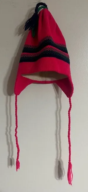 Hi-Line Knits 100% Wool Winter Hat‎ Tassles On Top + Ear Cover Bright Pink thumbnail 1