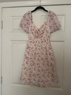 As U Wish Women’s Medium Floral Cottagecore Mini Dress Puff Sleeve Smocked Pink thumbnail 2