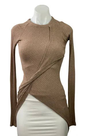 Alix NYC Beige Ribbed Knit Long Sleeve Twist Front Asymmetric Blouse Top Size S thumbnail 1