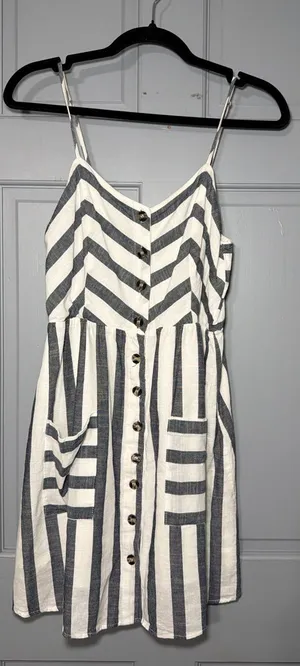 Blu Pepper White & Gray Striped Button-Front Spaghetti Strap Mini Dress thumbnail 1