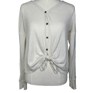 Abercrombie & Fitch Soft AF Cozy Cream Ribbed Knit Tie Front V-Neck Sweater Sz S thumbnail 2
