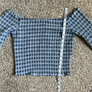 🦋 Wild Fable Blue Checkered Off the Shoulder Long Sleeve Crop Top Medium thumbnail 5