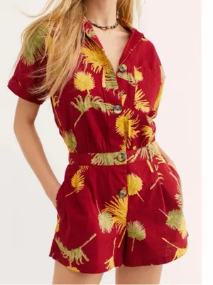 Free People Malibu Romper Burgundy Palm Print Boho M thumbnail 10