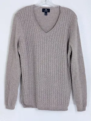 Heather Brown Cashmere Cable Knit V-Neck Sweater Taupe Lands' End L 14-16 thumbnail 1