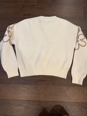 debut Cream Crewneck Sweater with Taupe Floral Outline Size Small - P99 thumbnail 7
