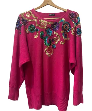Vintage SML Glitz 80s Pink Knit Sequin‎ Funky Cotton Blend Sweater sz XL. thumbnail 1