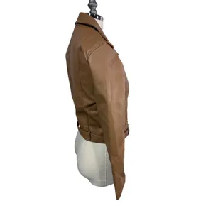 Women's Love Tree Faux Leather Moto Jacket Camel‎ Belted Biker Minimalist S New thumbnail 8