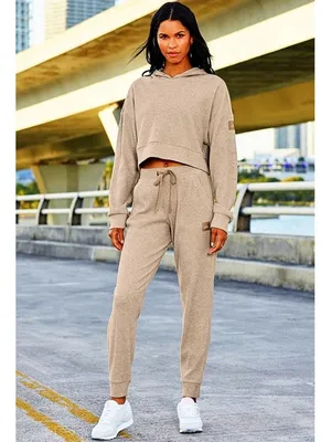 Alo Muse Hoodie Gravel Heather Tan Ribbed Stretchy Sweatshirt Sweater Pullover L thumbnail 9
