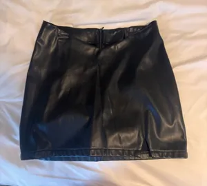 Amazon Black Faux Leather Mini Skirt with Front Slit thumbnail 1