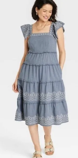 Knox Rose Blue Tiered Midi Dress with White Embroidery thumbnail 1