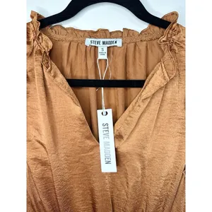 NWT Steve Madden Prairie Dreams Mini‎ Dress Apricot Satin Ruffle Smocked Small S thumbnail 12